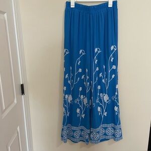 Liv Los Angeles Turquoise White Embroidery Smocked Waist Wide Leg Pants Wm Sz L